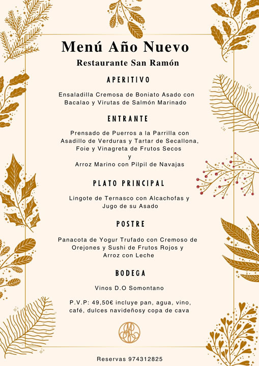 Menú año nuevo 2026 Restaurante San Ramón